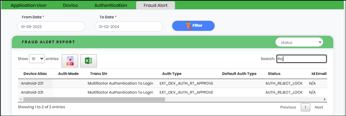 Support Desk screen Displaying Fraud Alert Tab search result - CyLock